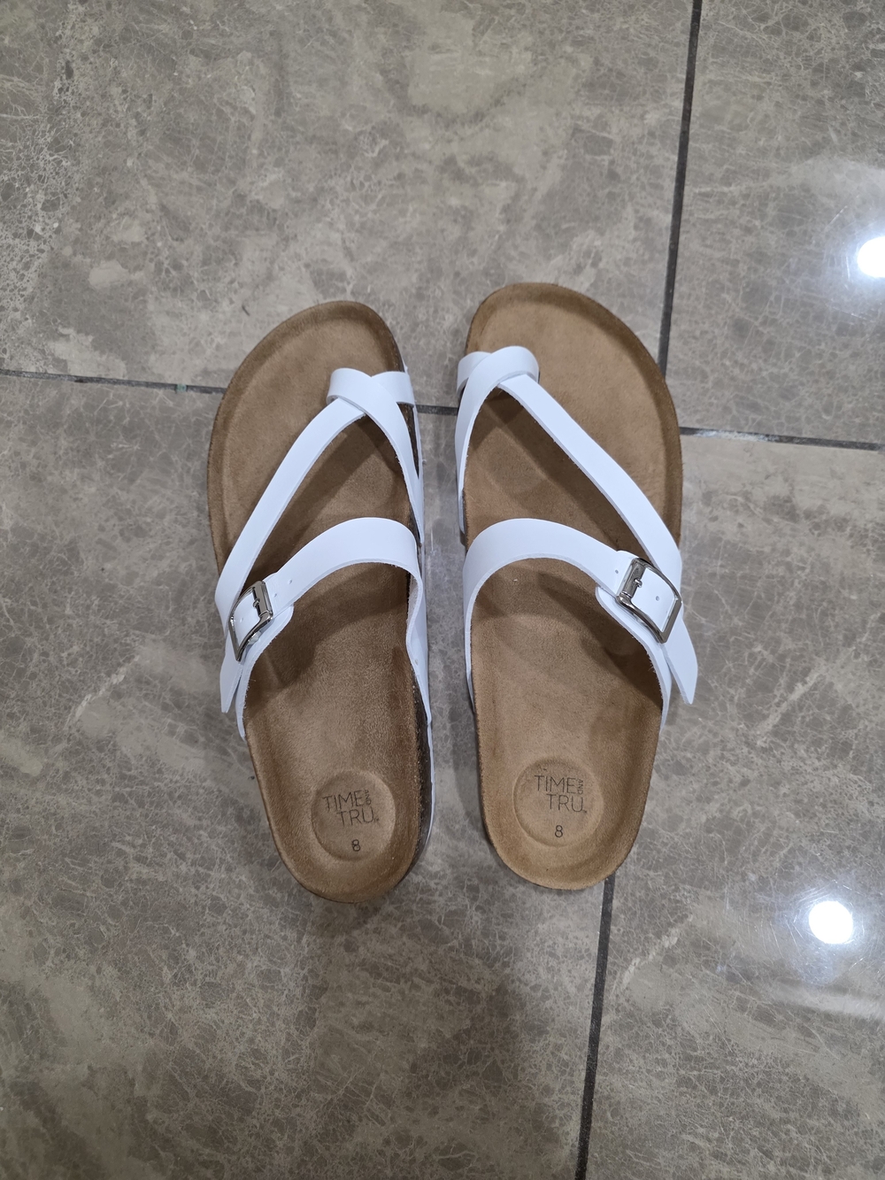 Time and Tru White Double-Strap Buckle Footbed Sandals